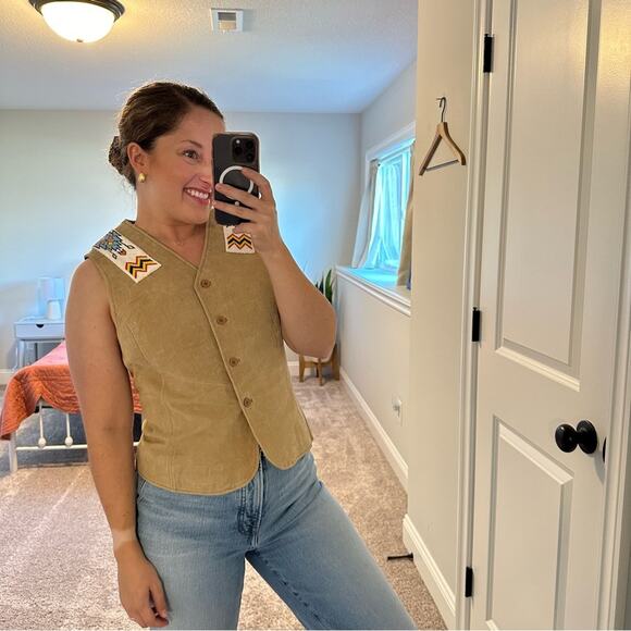 Vintage Outbrook Tan Leather Beaded Button Down Top Vest Medium - Picture 4 of 11